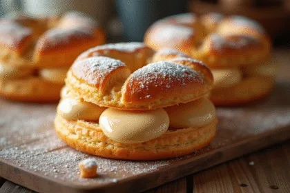 ParisBrest doré avec crème pralinée sur table rustique
