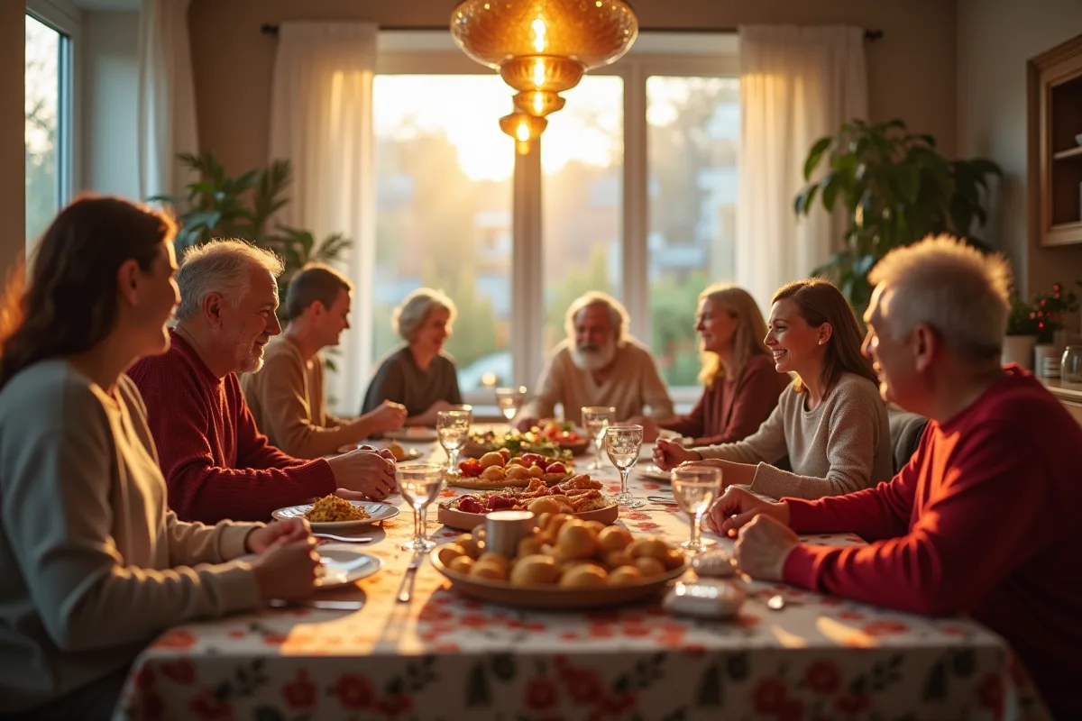 Gâteau d'anniversaire sur une table entourée de rires familiaux