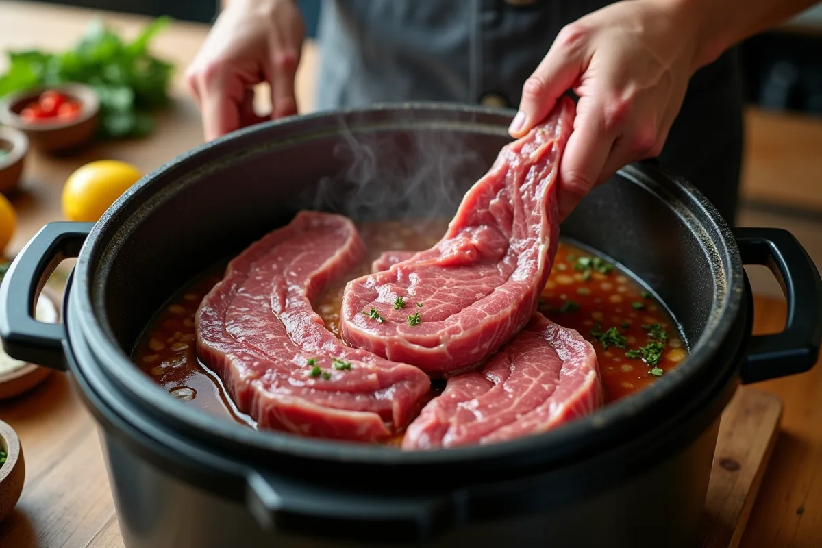 Préparation de la langue de bœuf avant cuisson dans un autocuiseur
