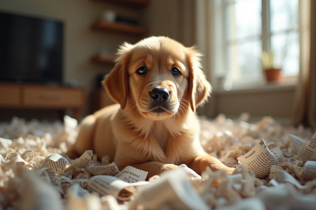 Chiot jouant avec une chaussure dans un salon en désordre