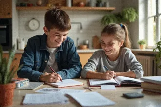 Adolescent en train de faire ses devoirs avec un parent à ses côtés