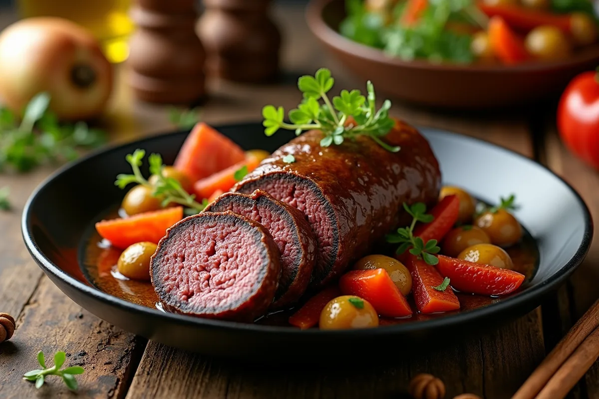 Boudin noir épicé cuit au four avec garniture colorée