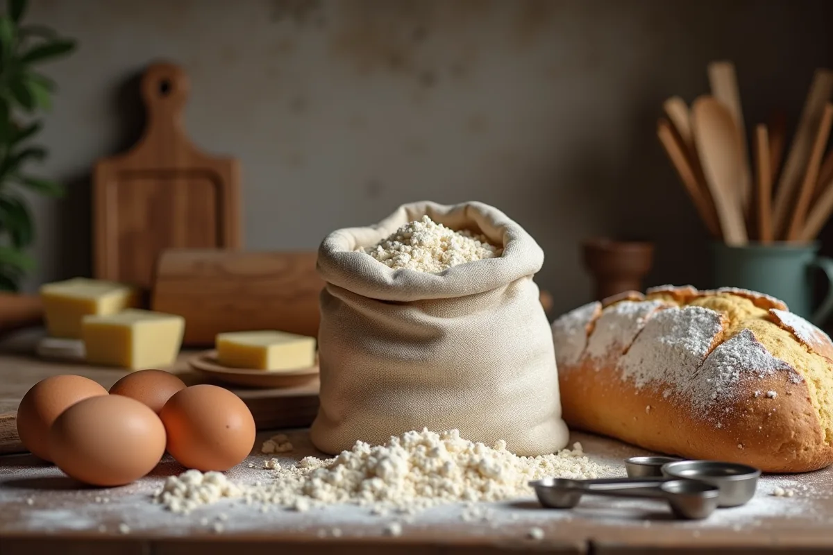 Farine de froment dans un bol en bois avec des ingrédients autour
