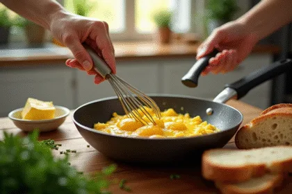œufs brouillés crémeux préparés avec soin et techniques de chefs étoilés
