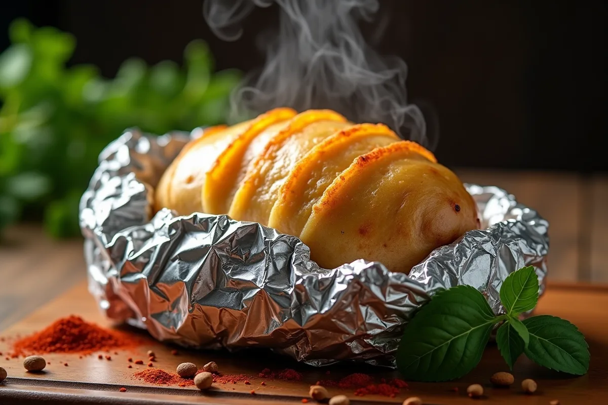 Pommes de terre dorées et croustillantes cuites dans du papier aluminium