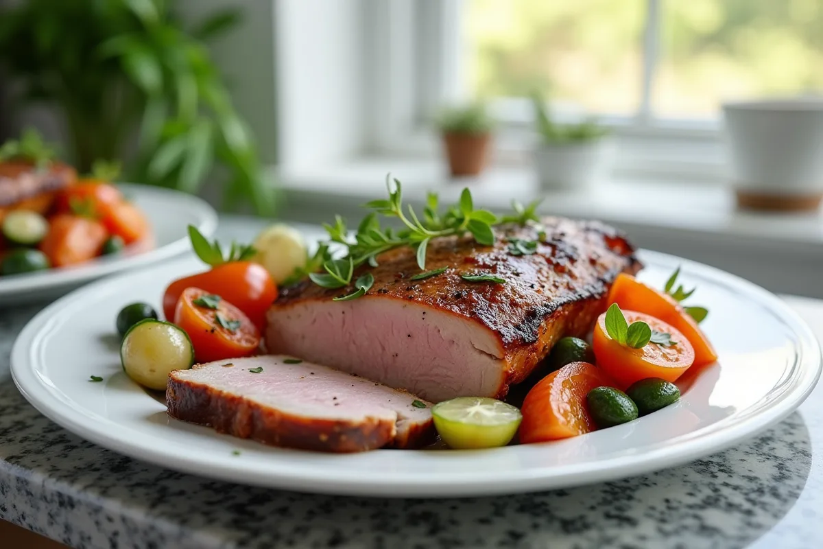 Magret de canard grillé avec légumes méditerranéens en jardin ensoleillé