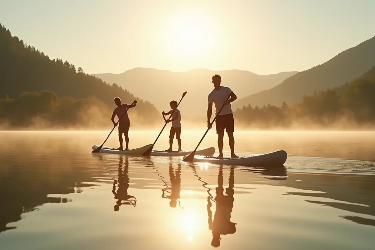 Paddle sur un lac vosgien avec montagnes en arrière-plan