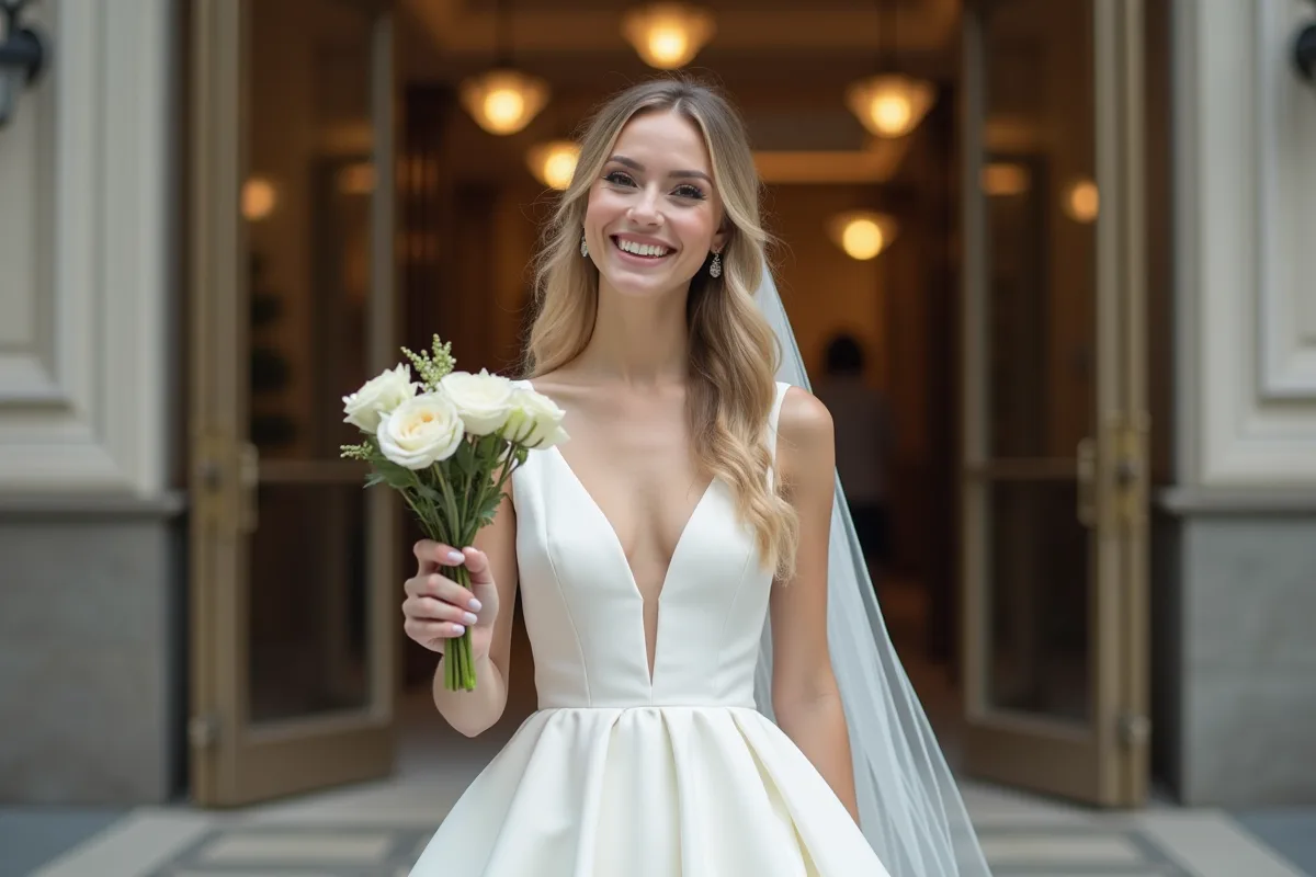 Une femme contemplant sa robe de mariage civil dans un miroir élégant