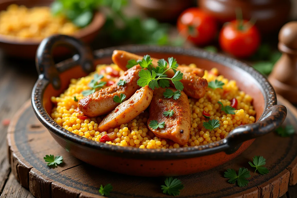 Couscous marocain au poulet avec épices et légumes colorés