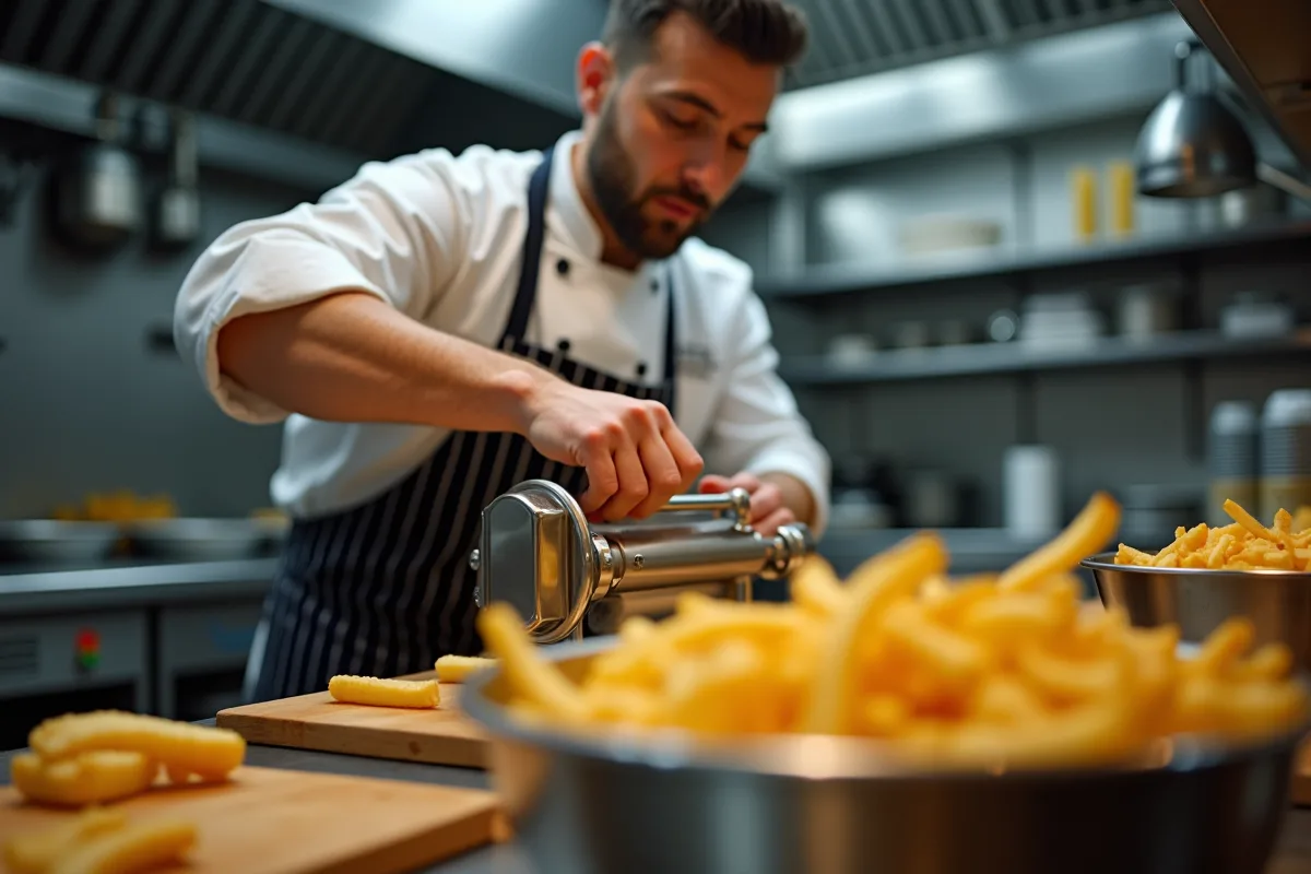 Coupe-frites électrique en action dans un restaurant moderne