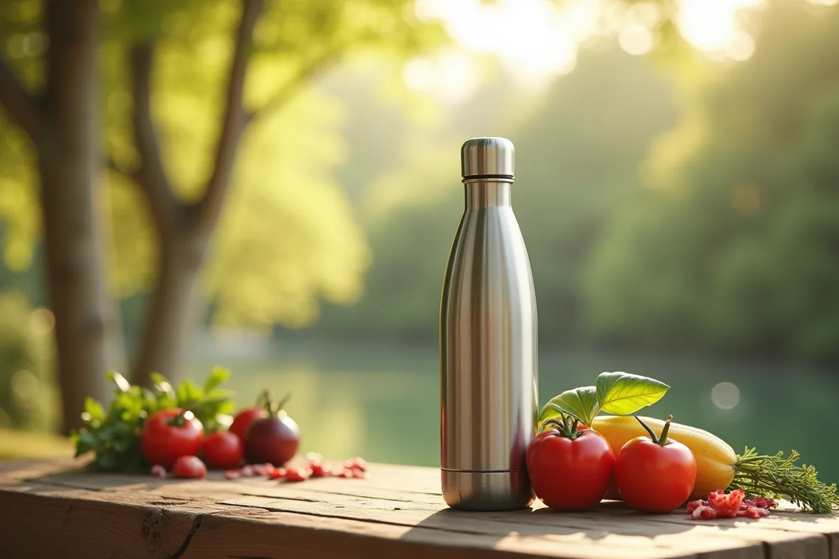 Gourde isotherme en inox d'un litre sur un fond neutre