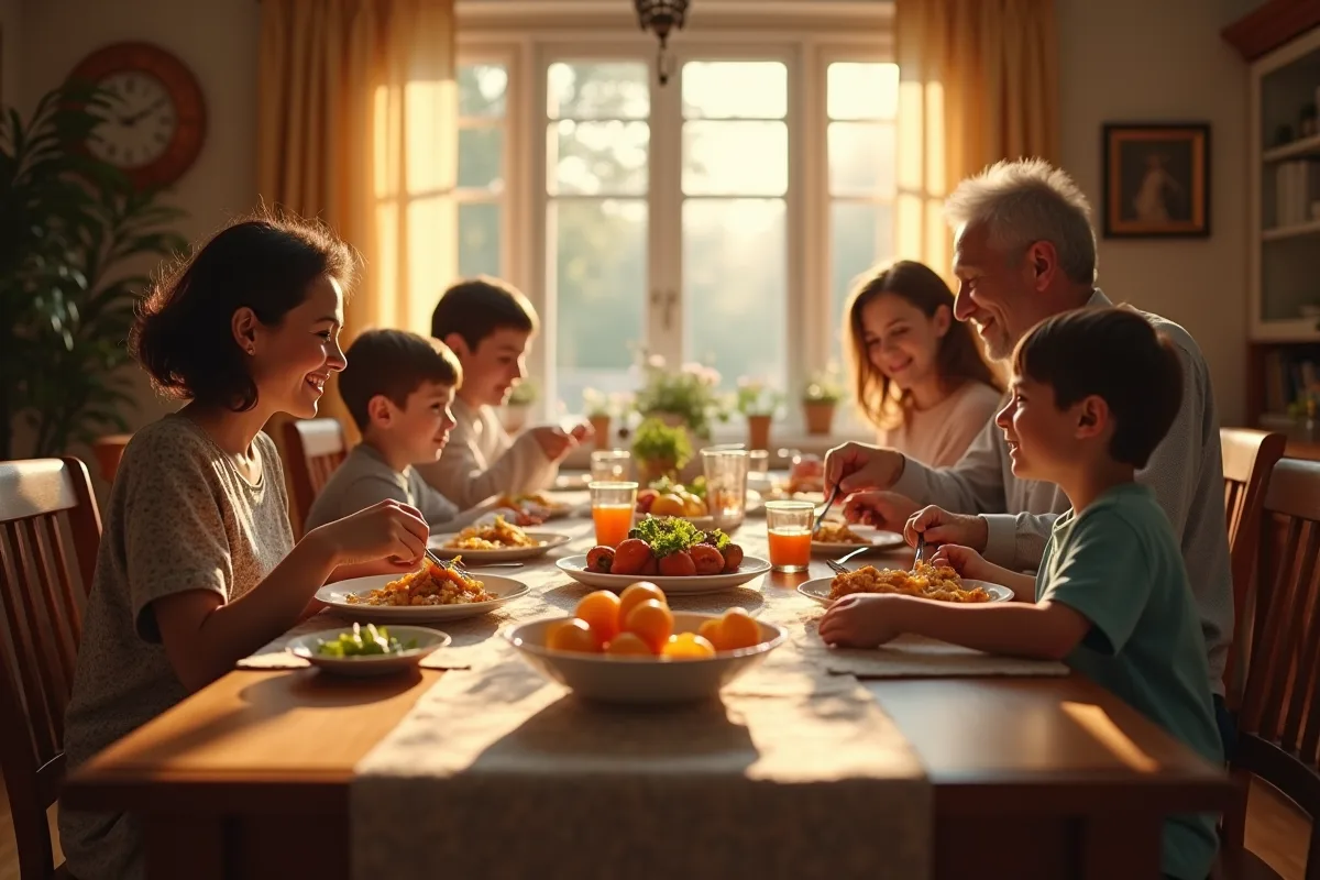 Famille traditionnelle réunie autour d'une table avec enfants et parents