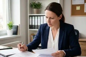 Cheffe d'entreprise analysant ses factures clients sur son bureau pour gérer sa trésorerie