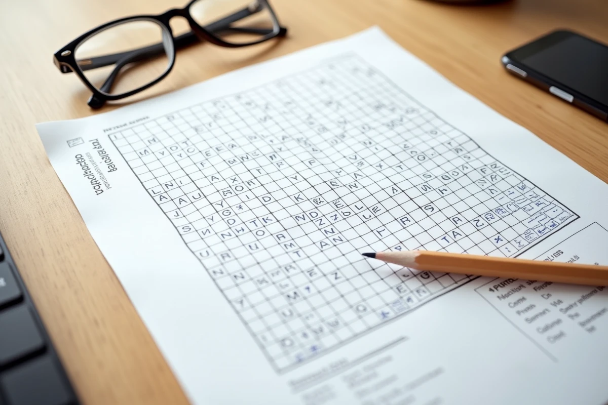 Vue en plongée d'une grille de mots croisés partiellement complétée avec des lettres manuscrites et un crayon posé dessus
