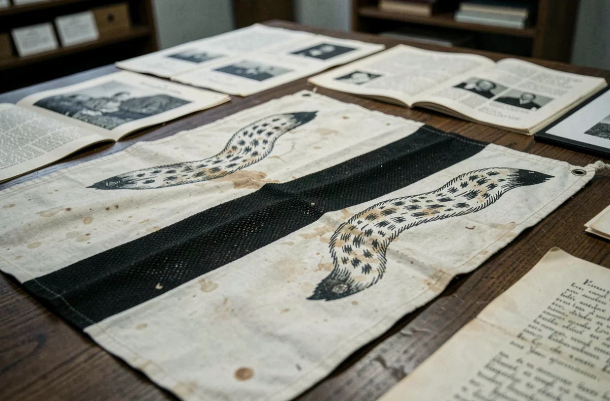 Gros plan sur un drapeau breton ancien posé sur une table en chêne avec des documents d'archives historiques autour