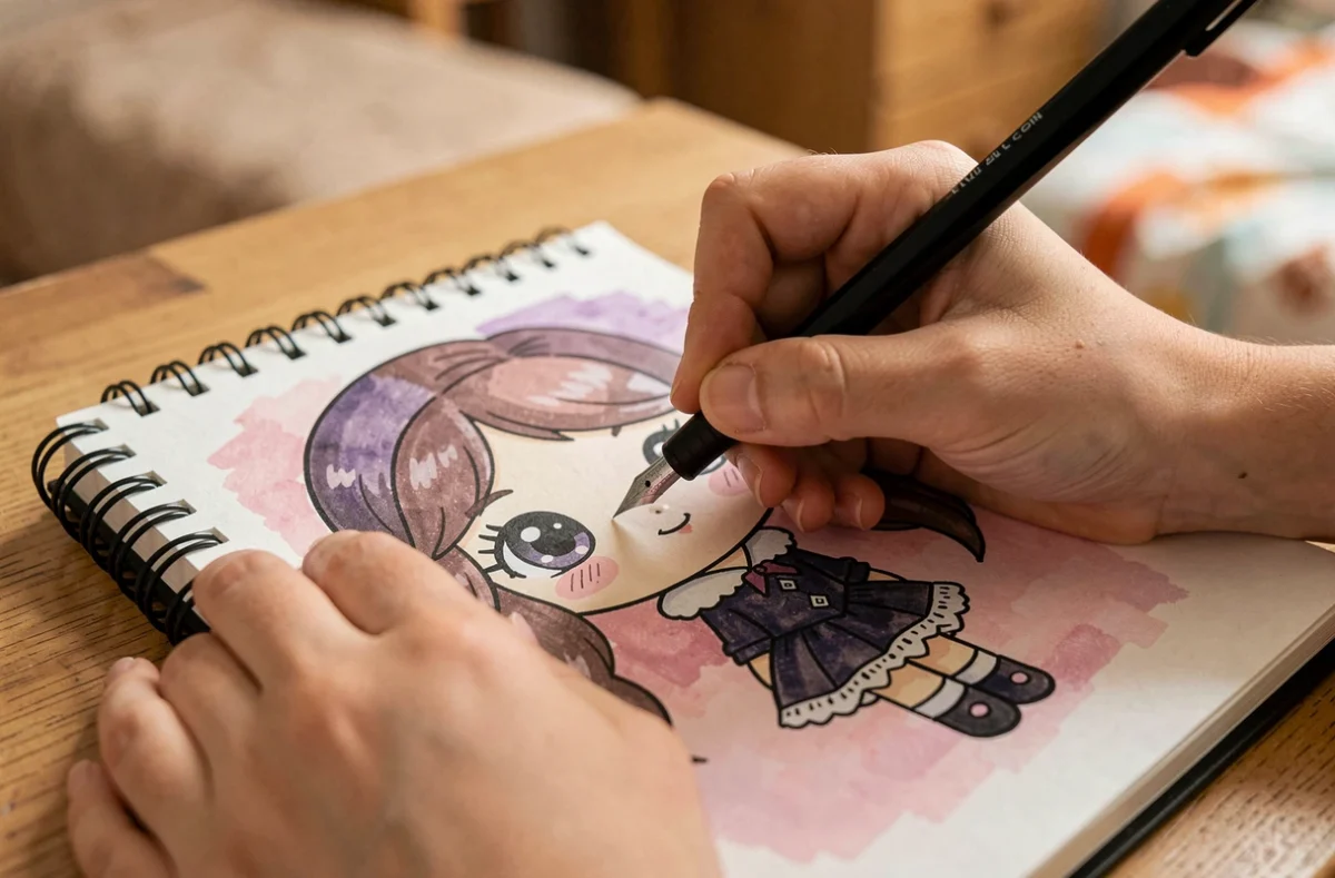 Gros plan de mains dessinant au feutre noir les détails d'un personnage kawaii style Mortelle Adèle