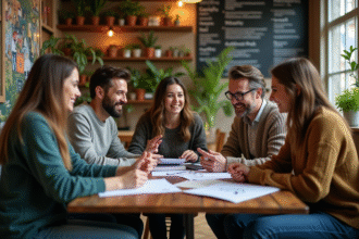 Groupe de personnes discutant dans un café chaleureux