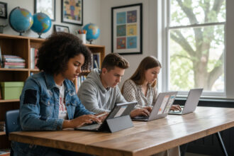 Trois lycéens divers utilisant des ordinateurs en classe