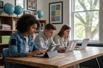 Trois lycéens divers utilisant des ordinateurs en classe