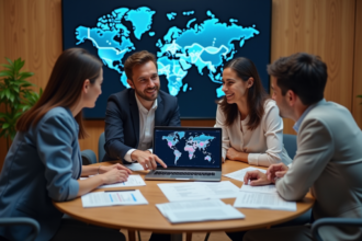 Groupe de professionnels autour d'une table en réunion blockchain