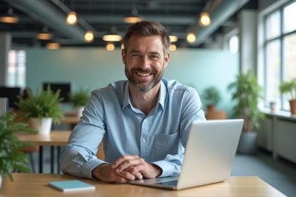 Homme d'affaires souriant avec ordinateur au bureau