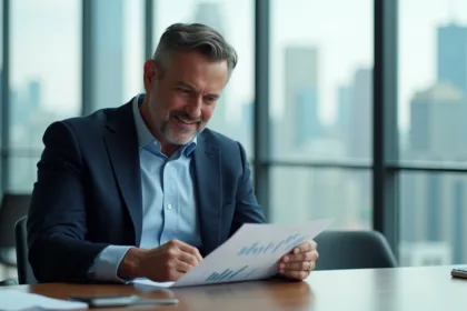 Homme d'affaires en costume bleu examinant un graphique financier