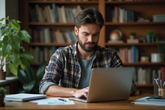 Homme en bureau créatif travaillant sur son ordinateur