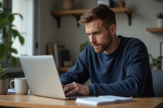 Homme en sweater bleu travaillant sur son ordinateur dans un bureau