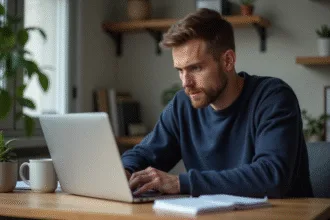Homme en sweater bleu travaillant sur son ordinateur dans un bureau