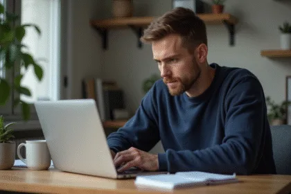 Homme en sweater bleu travaillant sur son ordinateur dans un bureau
