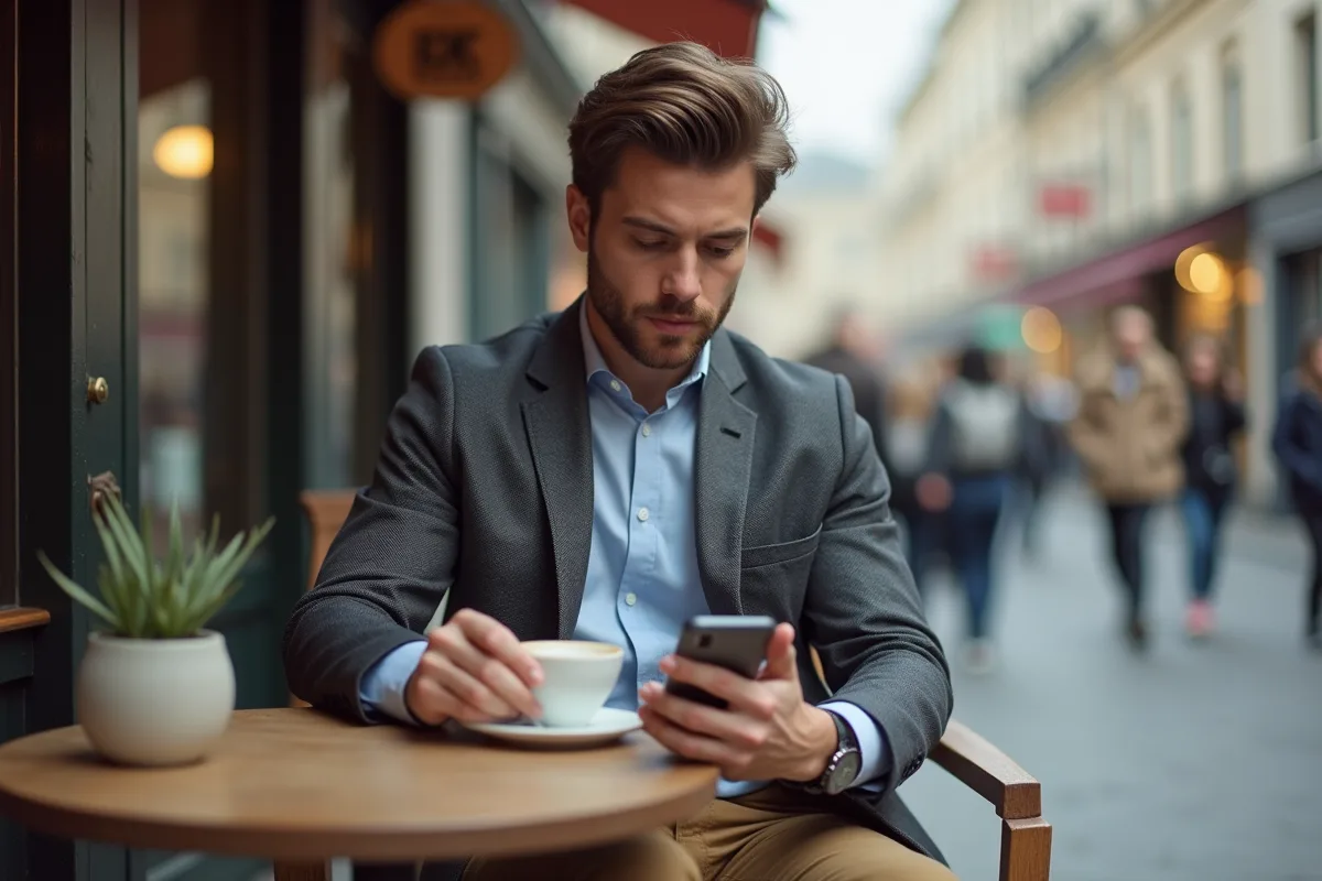 Homme au cafe utilisant son smartphone en terrasse