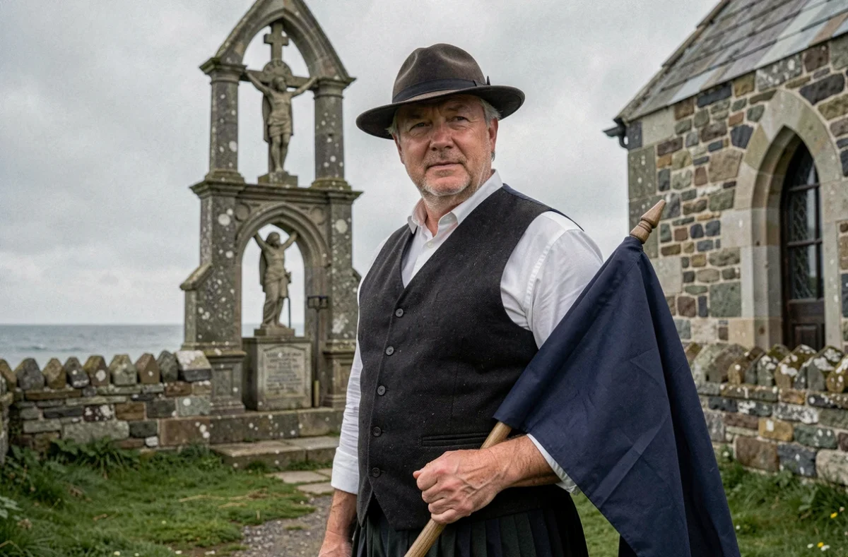 Homme en costume traditionnel breton tenant le drapeau Gwenn-ha-Du devant un enclos paroissial en Finistère