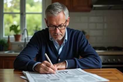 Homme d'âge moyen résolvant un sudoku dans une cuisine lumineuse