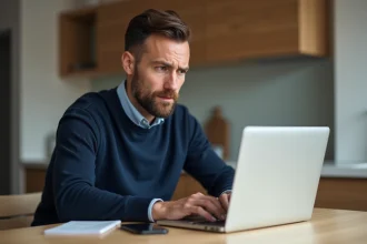 Homme concentré sur son ordinateur dans une cuisine moderne