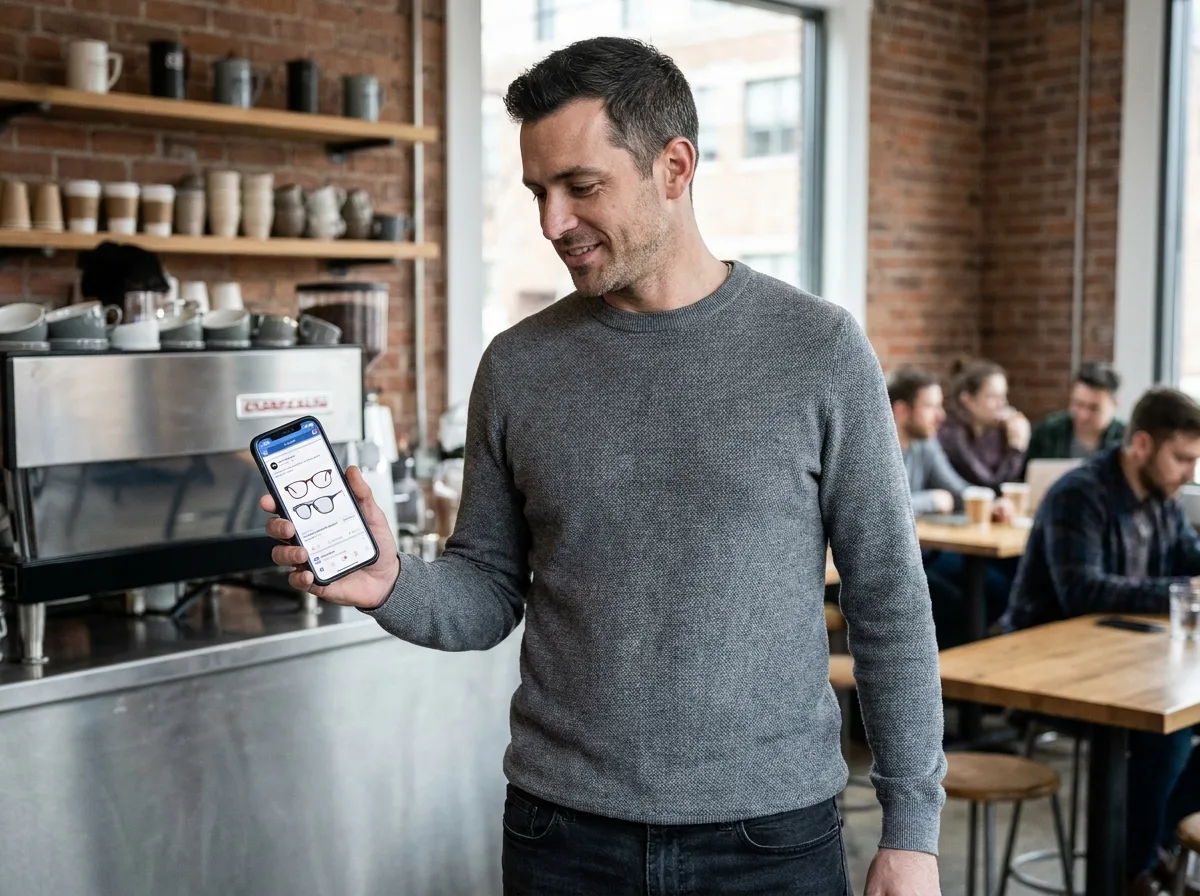 Homme regardant une publicité pour des lunettes tendance sur son smartphone dans un café urbain