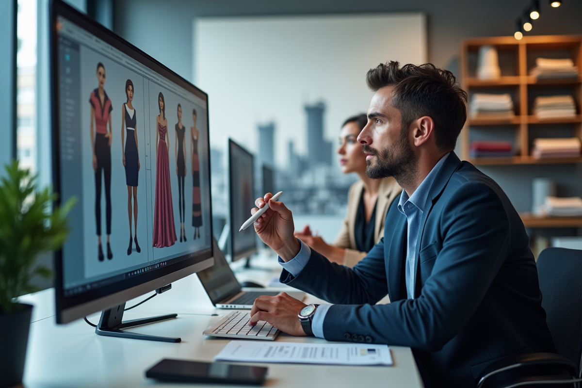 Homme d affaires analysant des designs de mode sur un grand écran