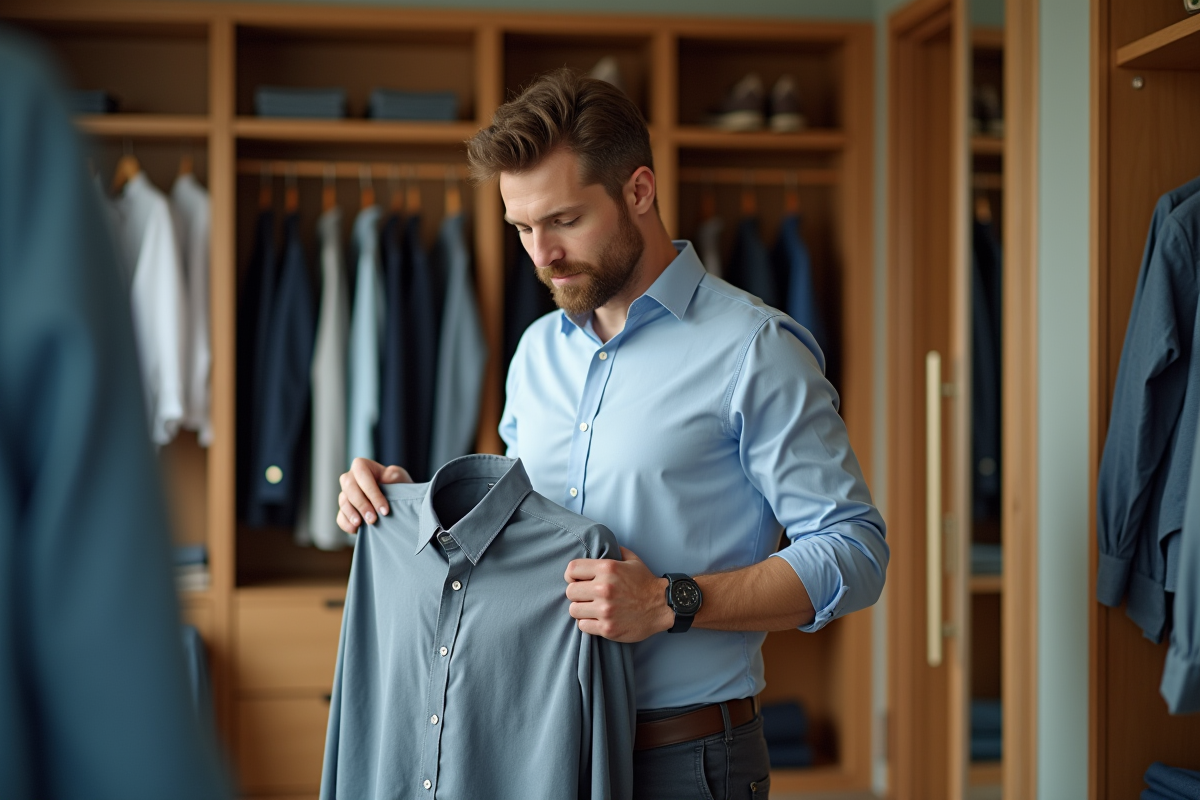 Homme arrangeant ses vêtements dans un dressing lumineux