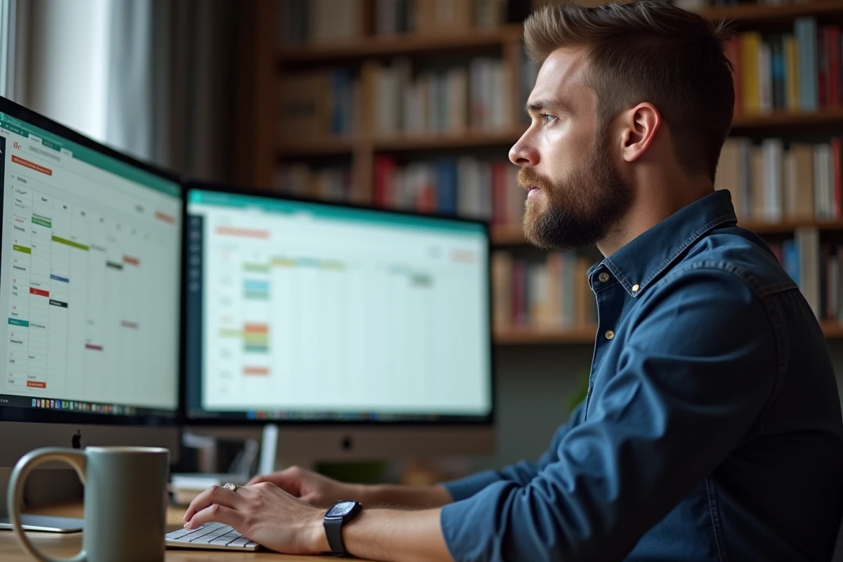 Homme travaillant sur un double écran d'ordinateur affichant un calendrier Google Agenda 2026 avec semaines paires et impaires codées par couleur dans un bureau à domicile