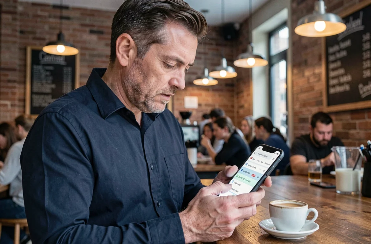 Homme debout dans un café urbain qui filtre des informations sur son smartphone pour trouver des actualités pertinentes
