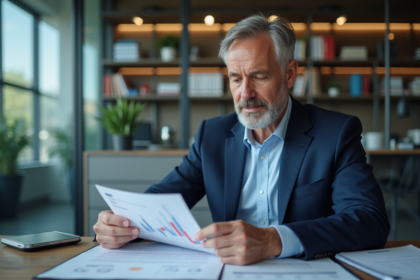 Homme d'affaires en costume bleu analysant un graphique