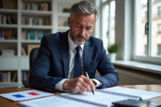 Homme d'affaires français en costume navy examine des documents
