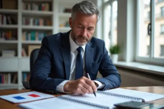 Homme d'affaires français en costume navy examine des documents