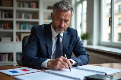 Homme d'affaires français en costume navy examine des documents