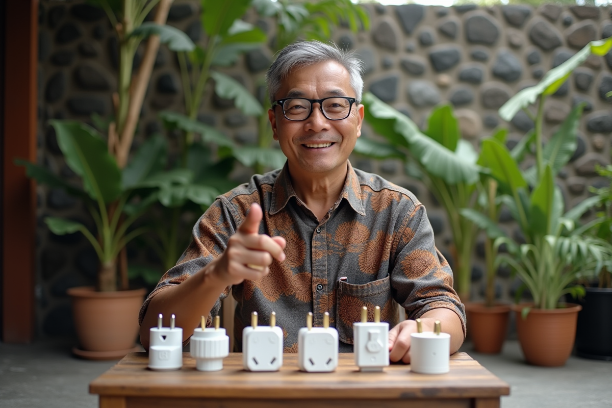 Homme indonesien montrant des adaptateurs de voyage Bali