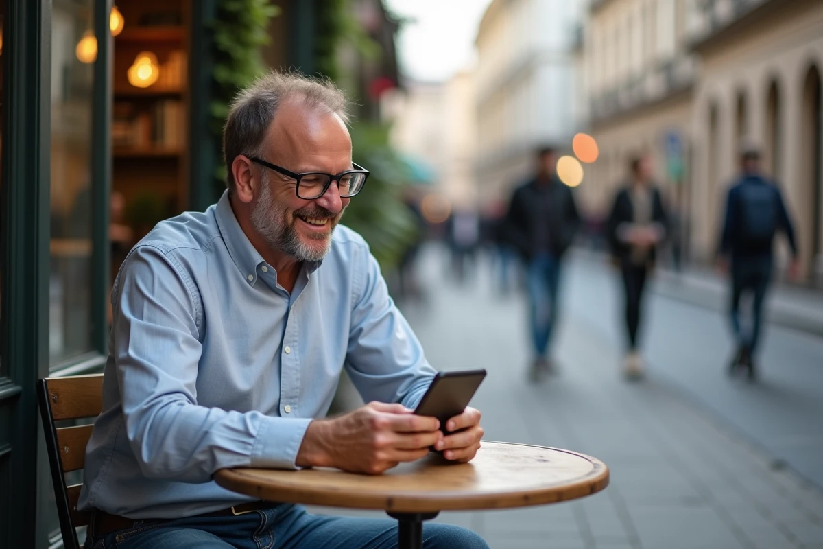 Homme souriant jouant à un jeu de mots au café