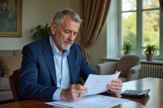Homme d'âge moyen examinant des documents immobiliers dans un salon lumineux