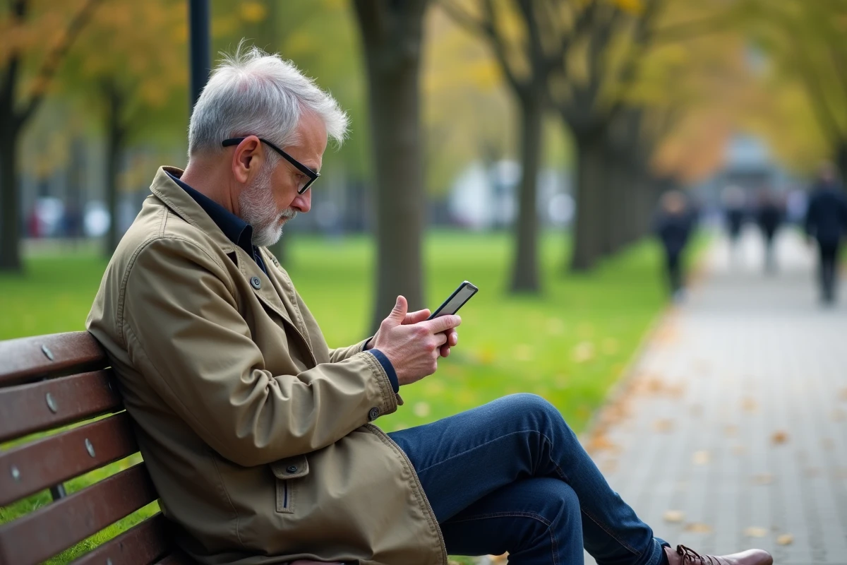 Homme lisant sur son smartphone assis sur un banc dans un parc