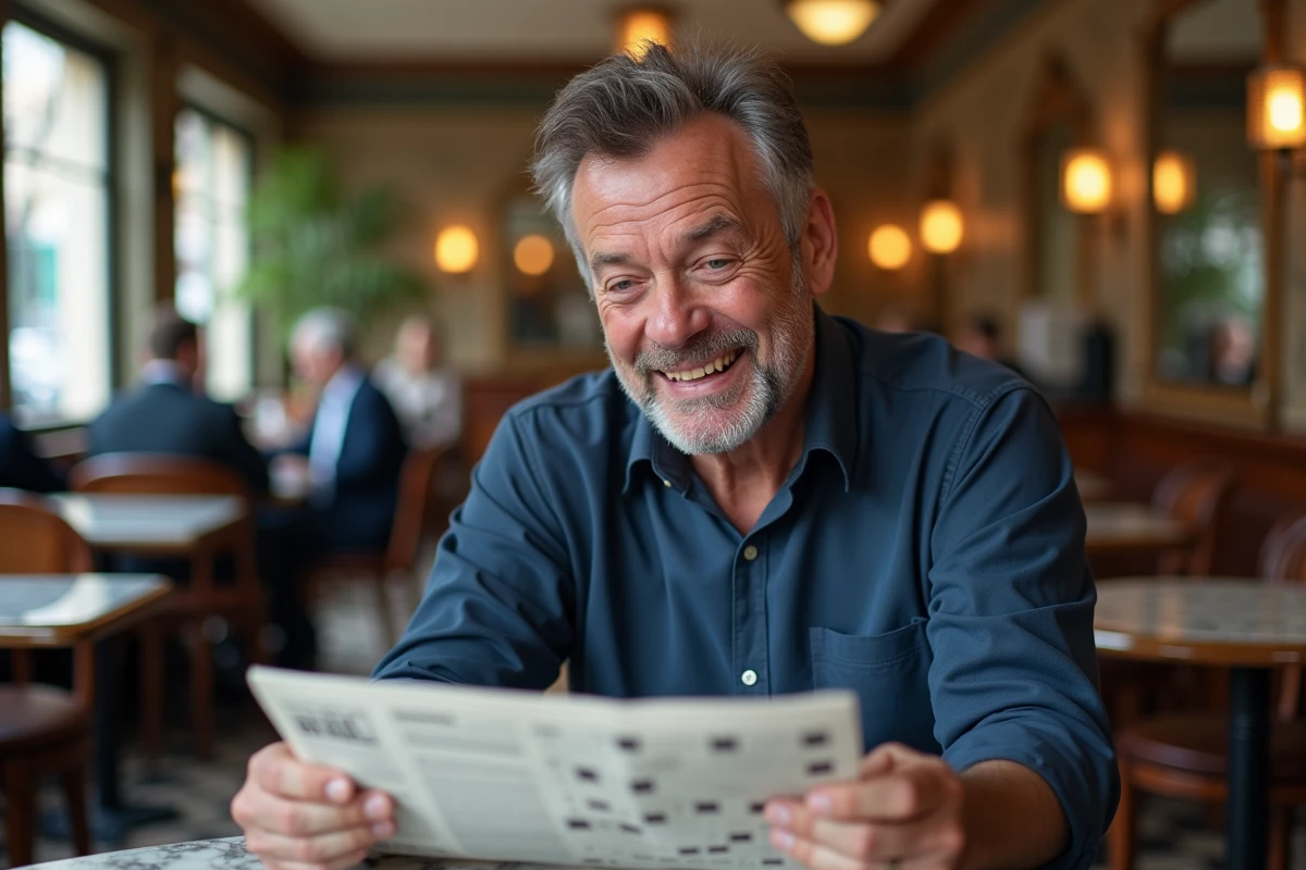 Homme résolvant un mot croisé dans un café parisien avec un journal ouvert sur la table