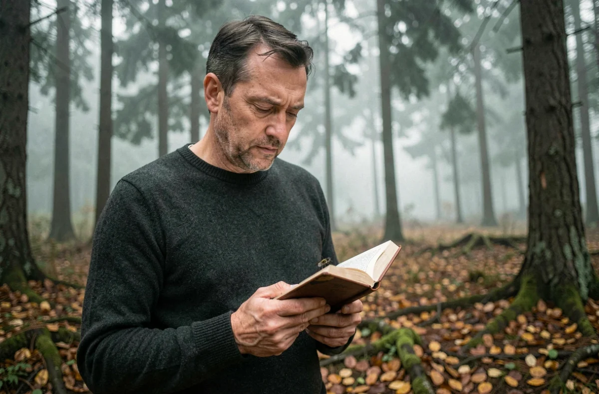 Homme contemplant une mouche posée sur son journal en cuir à l'orée d'une forêt brumeuse en automne, dans une atmosphère spirituelle et introspective