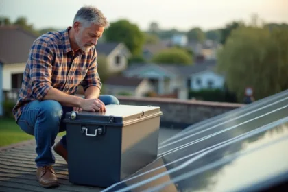 Homme examinant une grande batterie solaire sur son toit résidentiel